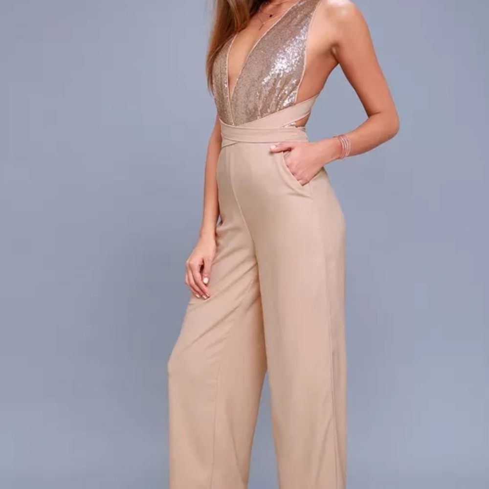 Elegant Beige Jumpsuit with Sequin Detail